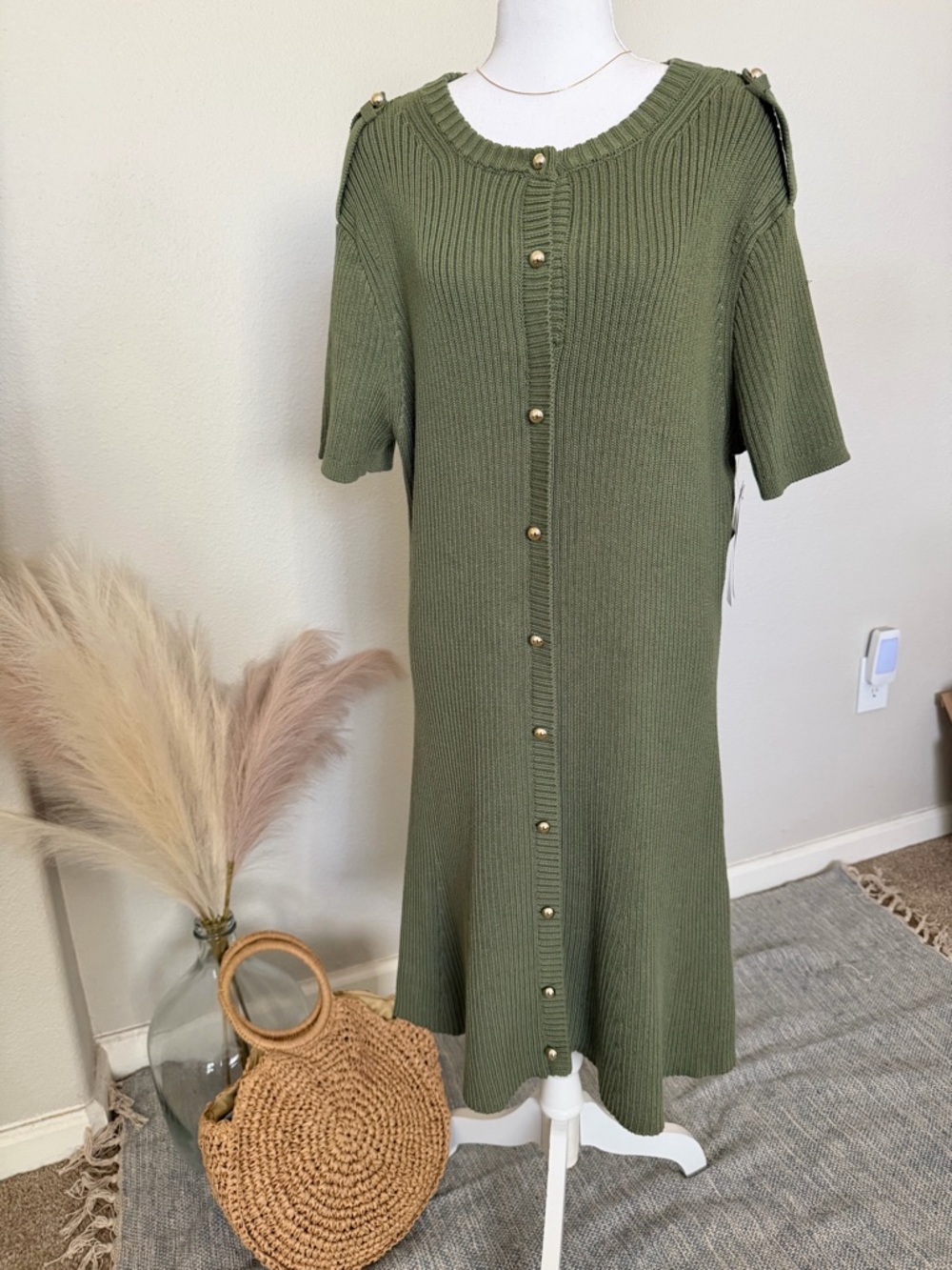 NWT - Olive Green Button-Front Knit Dress